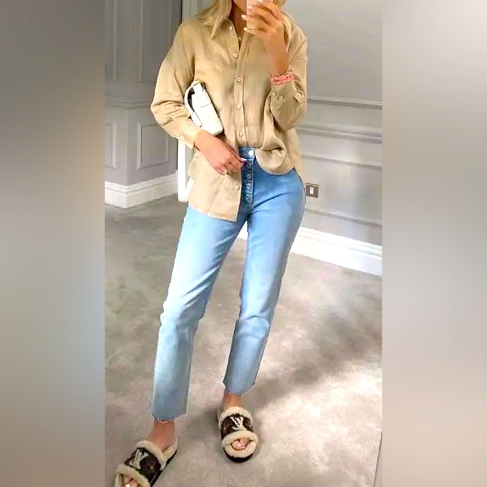 New ZARA 100% Linen Oversize Button Down Shirt Chest Pocket Khaki M